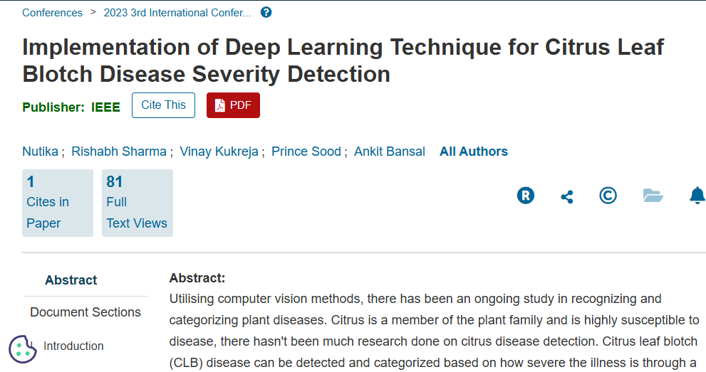 Published Paper on Implementation of Deep Learning Technique for Citrus Leaf Blotch Disease Severity Detection